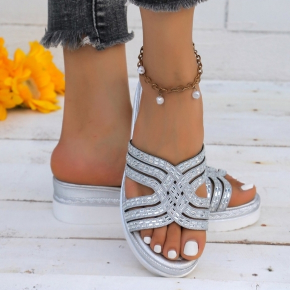Rhinestone Open Toe Wedge Sandals - Picture 3 of 3
